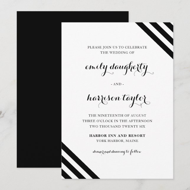 Coastal Wedding Nautical Stripes Schwarz-Weiß Einladung (Vorne/Hinten)
