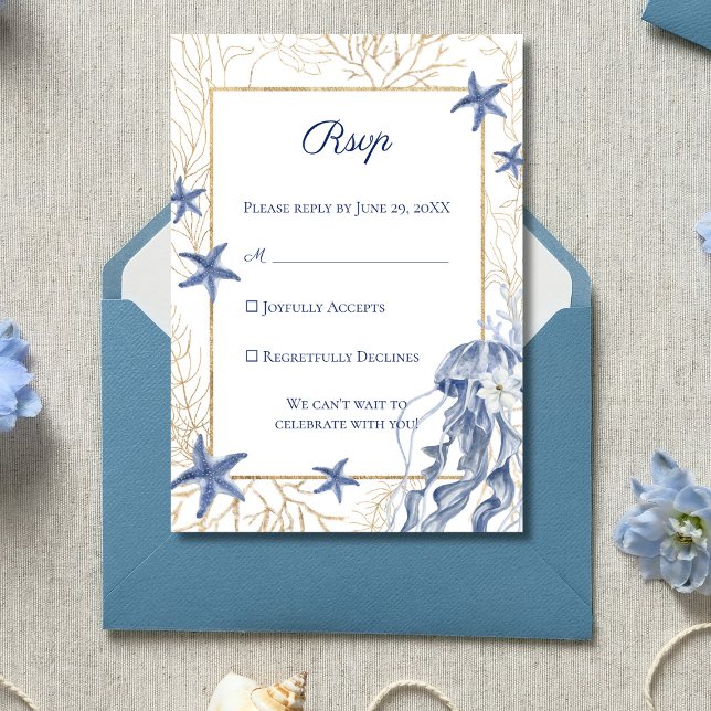 Coastal Wedding Navy Blue Gold RSVP Karte (Coastal Wedding RSVP Enclosure Card)
