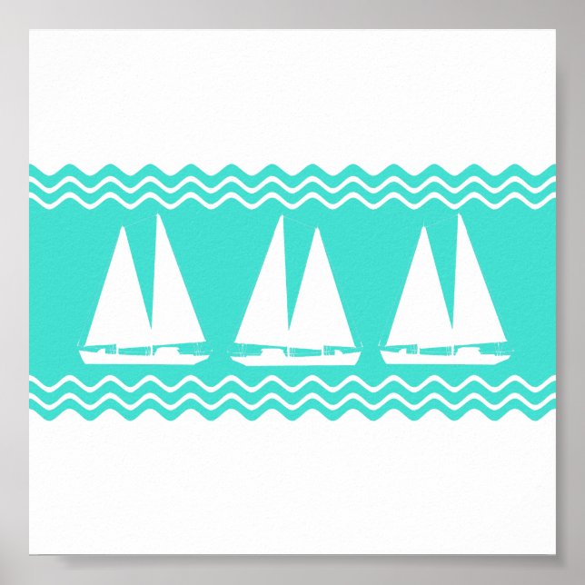 Coastal White Turquoise Stripe Sailboat Pattern Poster (Vorne)