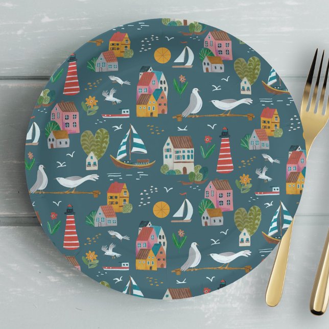 Coastblue-Muster Baby-Dusche Party Pappteller (Coastal boy baby shower party paper plates)