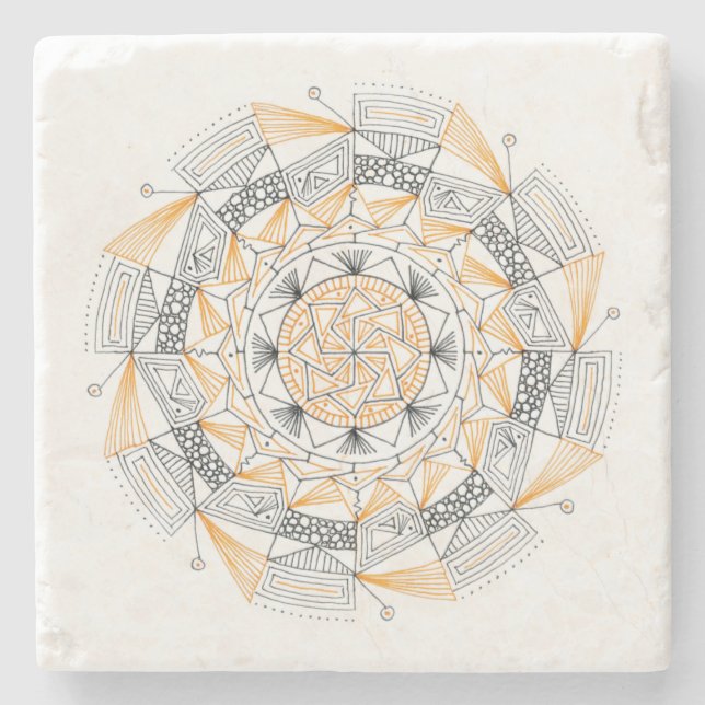 COASTER Stone Marble w/ Mandala Design Orange Steinuntersetzer (Vorderseite)
