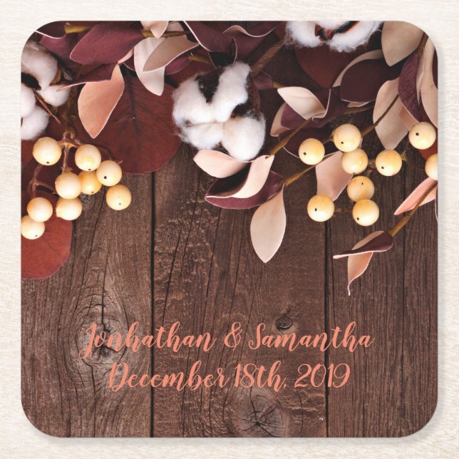 Coasters Cotton Branch auf Dunkelholz Stem Cou Rechteckiger Pappuntersetzer (Vorderseite)