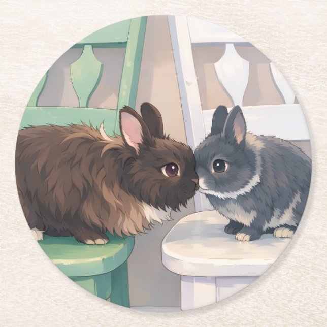 Coasters (Set of 6) Two Rabbits Runder Pappuntersetzer (Vorderseite)