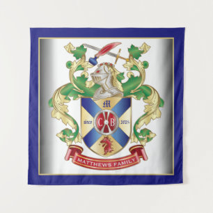Coat of Arms Ritter Schild Dragon Monogram Blue Wandteppich