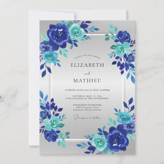 Cobalt Aqua Bloom Hochzeit Einladung (Vorderseite)
