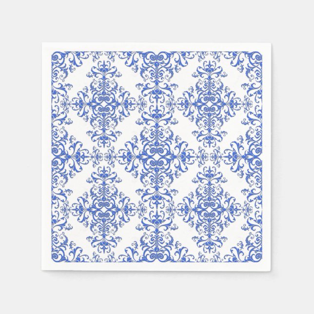 Cobalt Blau und Weiß Floral Damask Style Muster Serviette (Vorderseite)