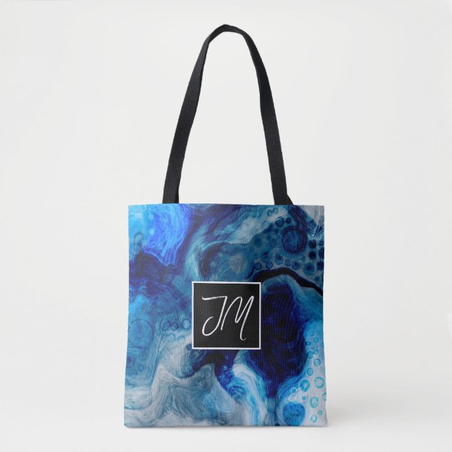 Cobalt Blau und Weiß Marmorflüssigkeit Mit Monogra Tasche (Vorderseite)