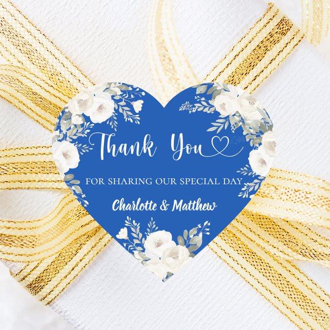 Cobalt blauen Blumen Herz danke Ihnen Hochzeit Herz-Aufkleber (Von Creator hochgeladen)