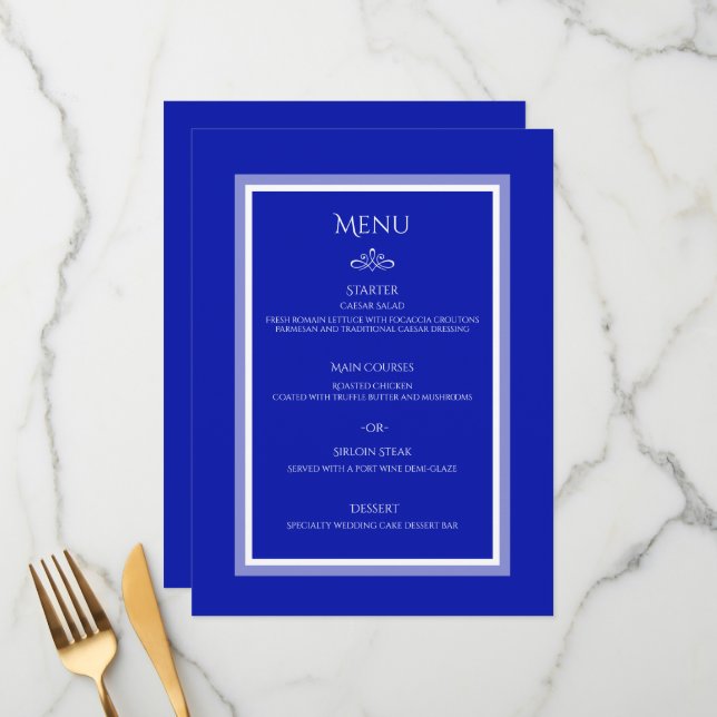 Cobalt bleu personnalisable menu plat mariage (Devant/Arrière en situation)