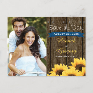 COBALT BLU RUSTIC SUNFLOWER SAVE THE DATE POSTCARD ANKÜNDIGUNGSPOSTKARTE