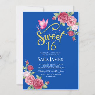 Cobalt Blue and Pink Floral Sweet 16 Birthday Einladung