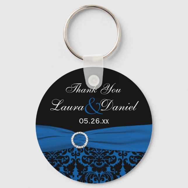 Cobalt Blue, Black Damask Wedding Gefallen Schlüss Schlüsselanhänger (Vorderseite)