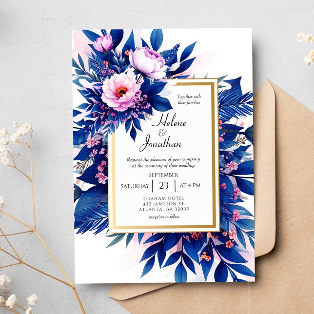 Cobalt Blue Blush Pink Floral Elegante Hochzeit Einladung (Cobalt Blue Blush Pink Floral Elegant Wedding Invitation)