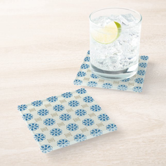 Cobalt Blue Floral  Butterfly Motif Coaster Glasuntersetzer (Schrägansicht)