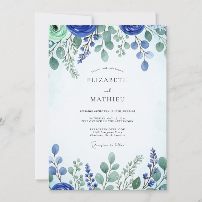 Cobalt Blue Fresh Spring Wedding Einladung (Vorderseite)