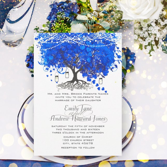 Cobalt Blue Heart Leaf Tree Wedding Einladung (Von Creator hochgeladen)