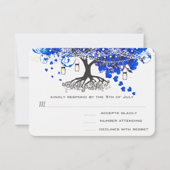 Cobalt Blue Heart Leaf Tree Wedding Einladungen (Vorderseite)