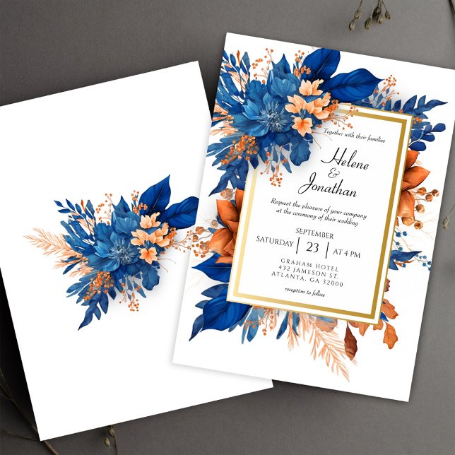 Cobalt Blue Orange Terracotta auf dem Monte Tamaro Einladung (Cobalt Blue Orange Terracotta Boho Elegant Wedding Invitation)