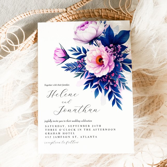 Cobalt Blue Pink Stilvolle Elegante Blumenhochzeit Einladung (Cobalt Blue Pink Stylish Elegant Floral Wedding Invitation)