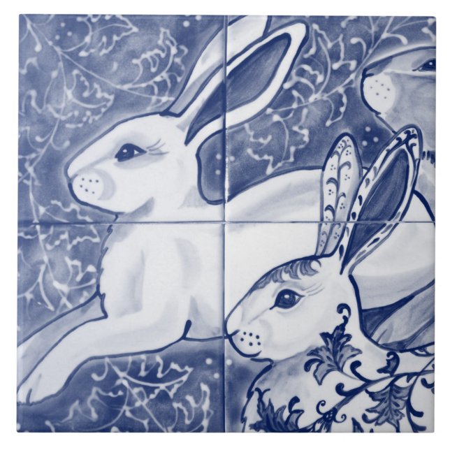 Cobalt Blue Rabbit Chinoiserie Dedham Delft Navy Fliese (Vorderseite)