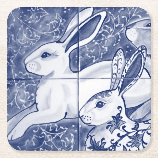 Cobalt Blue Rabbit Chinoiserie Dedham Delft Navy Rechteckiger Pappuntersetzer (Vorderseite)