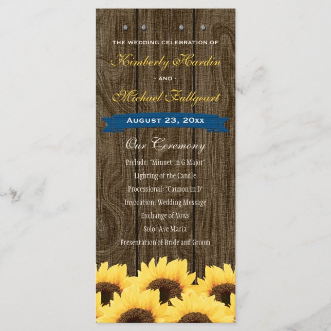 Cobalt Blue Rustic Sunflower Wedding Programm (Vorderseite)
