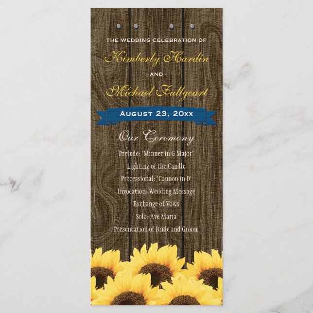 Cobalt Blue Rustic Sunflower Wedding Programme (Devant)