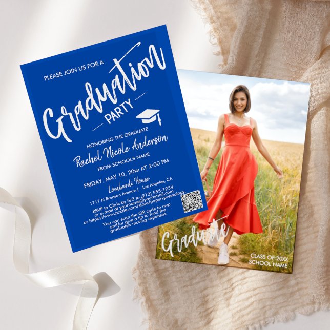 Cobalt Blue Script QR Code Foto Graduation Party Einladung (Von Creator hochgeladen)