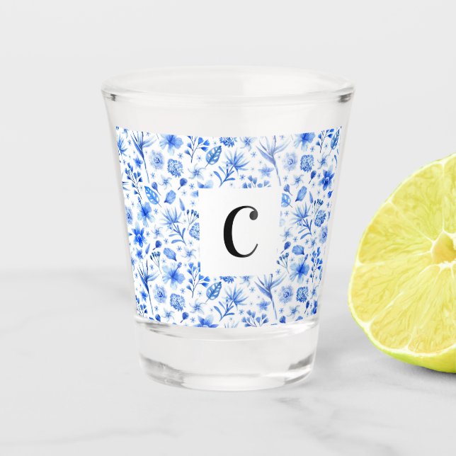 Cobalt Blue Tropic Blätter Muster 1.5oz Shot Glass Schnapsglas (Vorderseite)