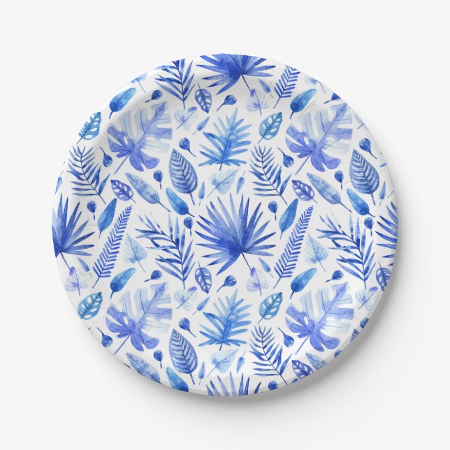 Cobalt Blue Tropical Blätter Muster 7" Pappteller (Vorderseite)