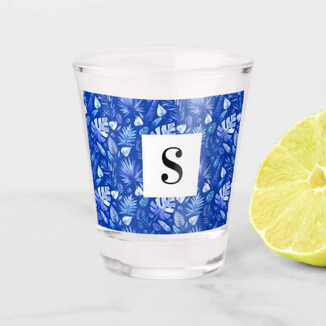 Cobalt Blue Tropical Leaves Muster 1.5oz Schnapsglas (Vorderseite)