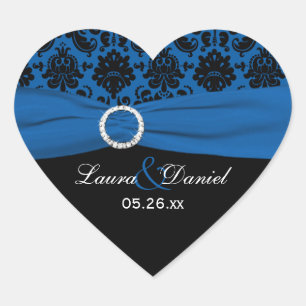 Cobalt Blue und Black Damask 1,5" Heftaufkleber Herz-Aufkleber