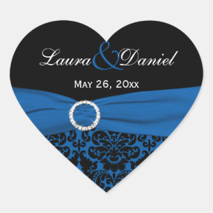 Cobalt Blue und Black Damask 1,5" Heftaufkleber Herz-Aufkleber