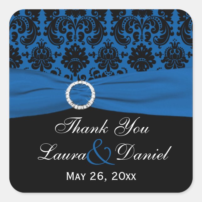 Cobalt Blue und Black Damask 1,5" Quadrat Quadratischer Aufkleber (Vorderseite)
