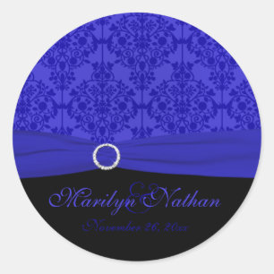 Cobalt Blue und Black Damask 1,5" Rundaufkleber Runder Aufkleber