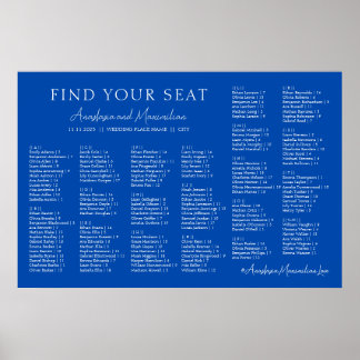 Cobalt Blue Wedding Alphabetical Seating Chart Poster