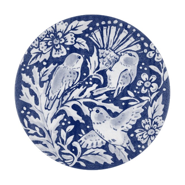 Cobalt Blue White Bird Thistle Rustikale Chinoiser Schneidebrett (Vorderseite)