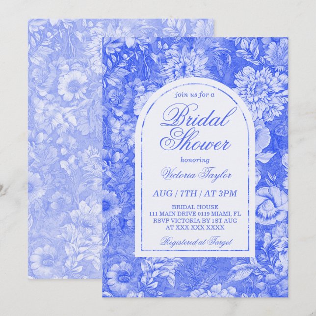 Cobalt Blue White Floral Chinoiserie Brautparty Einladung (Vorne/Hinten)