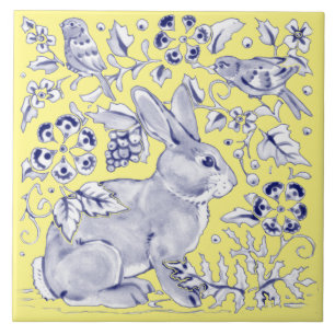 Cobalt Blue Yellow Rabbit Bird Woodle Floral Fliese
