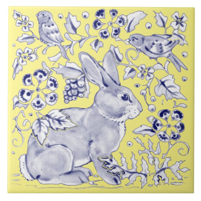 Cobalt Blue Yellow Rabbit Bird Woodle Floral Fliese (Vorderseite)