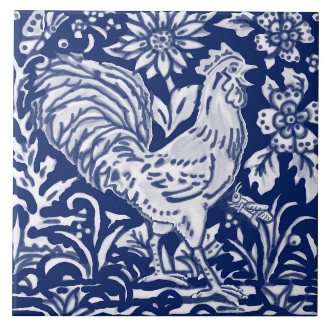 Cobalt Navy Blue Cobalt Rooster Chicken Floral Fliese (Vorderseite)