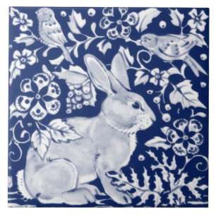 Cobalt Navy Blue Rabbit Bird Dedham Delft Morris Fliese