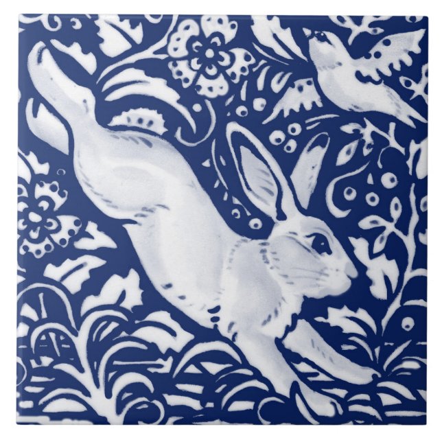 Cobalt Navy Blue Rabbit Bird Dedham steht rechts Fliese (Vorderseite)