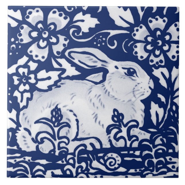 Cobalt Navy Blue Rabbit Bunny Dedham Delft Morris  Fliese (Vorderseite)