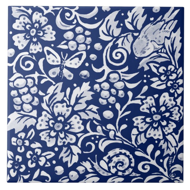 Cobalt Navy Blue Woodland Animal Bird Schnecke Ins Fliese (Vorderseite)