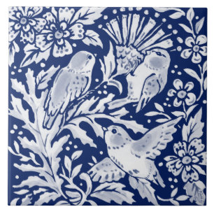 Cobalt Navy Blue Woodland Animal Birds on Thistle  Fliese