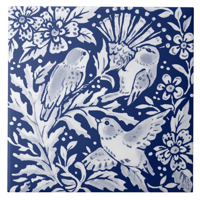 Cobalt Navy Blue Woodland Animal Birds on Thistle  Fliese (Vorderseite)