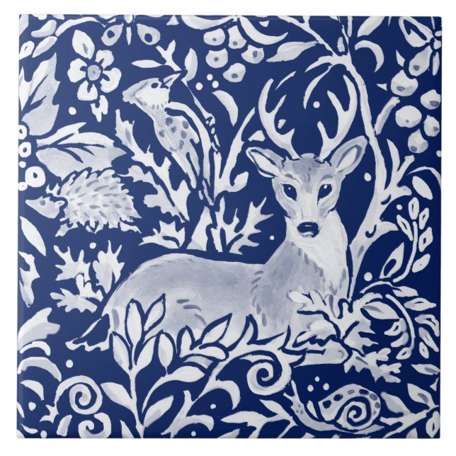 Cobalt Navy Blue Woodland Animal Death Foliage Fliese (Vorderseite)