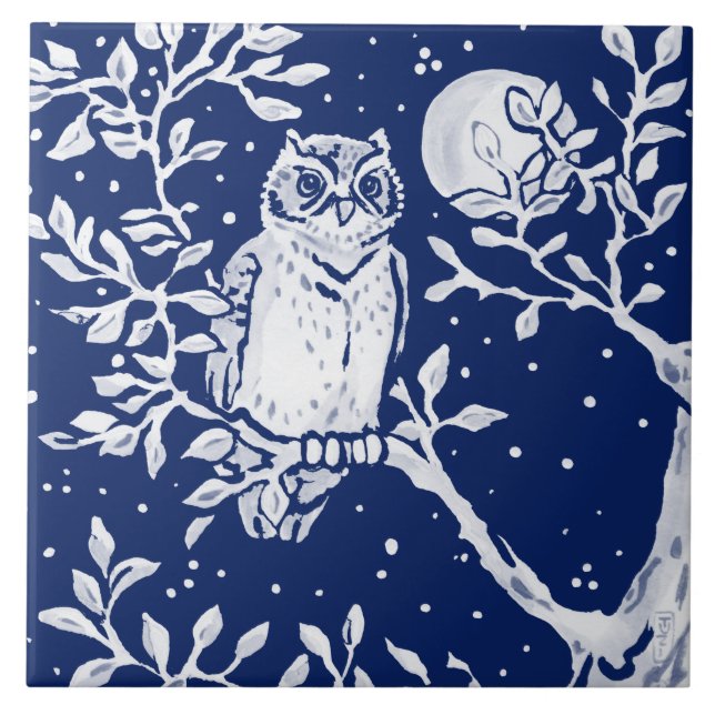 Cobalt Navy Blue Woodland Animal Owl Night Moon Fliese (Vorderseite)