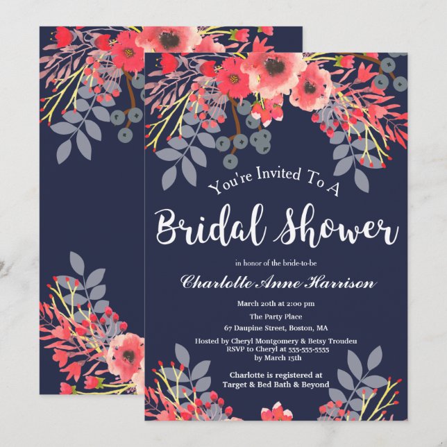 Cobalt & Pink Blume Brautparty Einladung (Vorne/Hinten)
